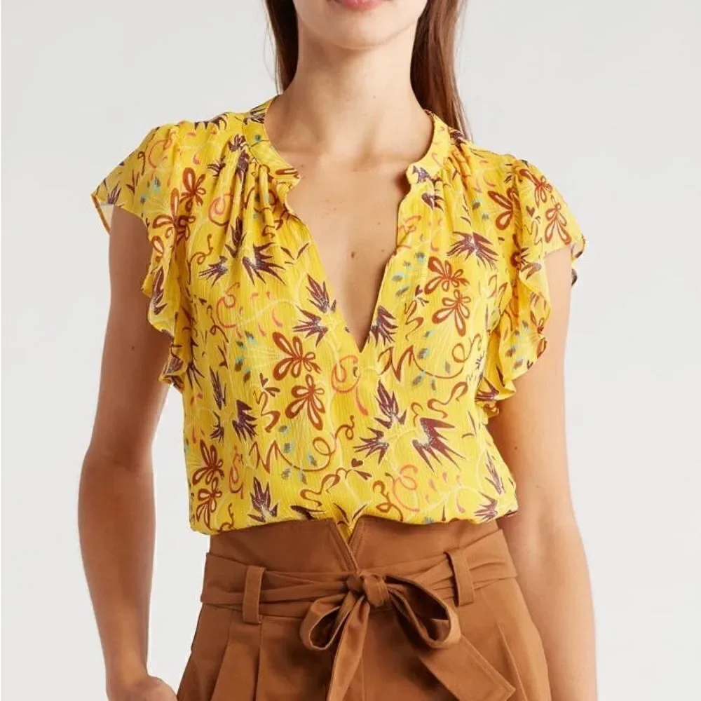 NWT A.L.C. Birds of Paradise 100% Silk Yellow Top Blouse Floral Size M